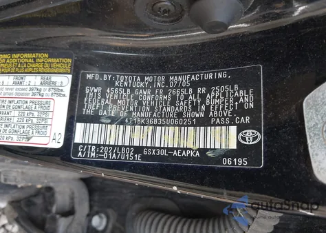 2005 Toyota Avalon Limited из США, поврежденный, VIN 4T1BK36B35U060251